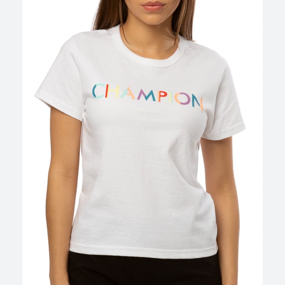 Champion Rainbow Spellout Graphic Short Sleeve Crew Girlfriend Tee White NWT-S